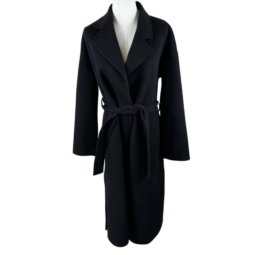 Theory Wrap Coat Women P Black Double Face Wool Cashmere Belted Robe Long Jacket